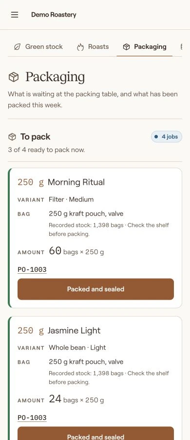 Focused view: Packaging worklist: coffee, bag and number of bags to pack