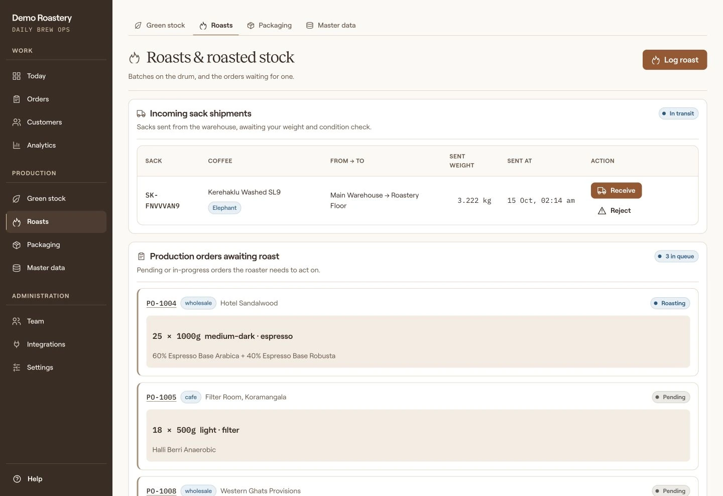 Roasts and roasted stock, showing production demand and logged batches