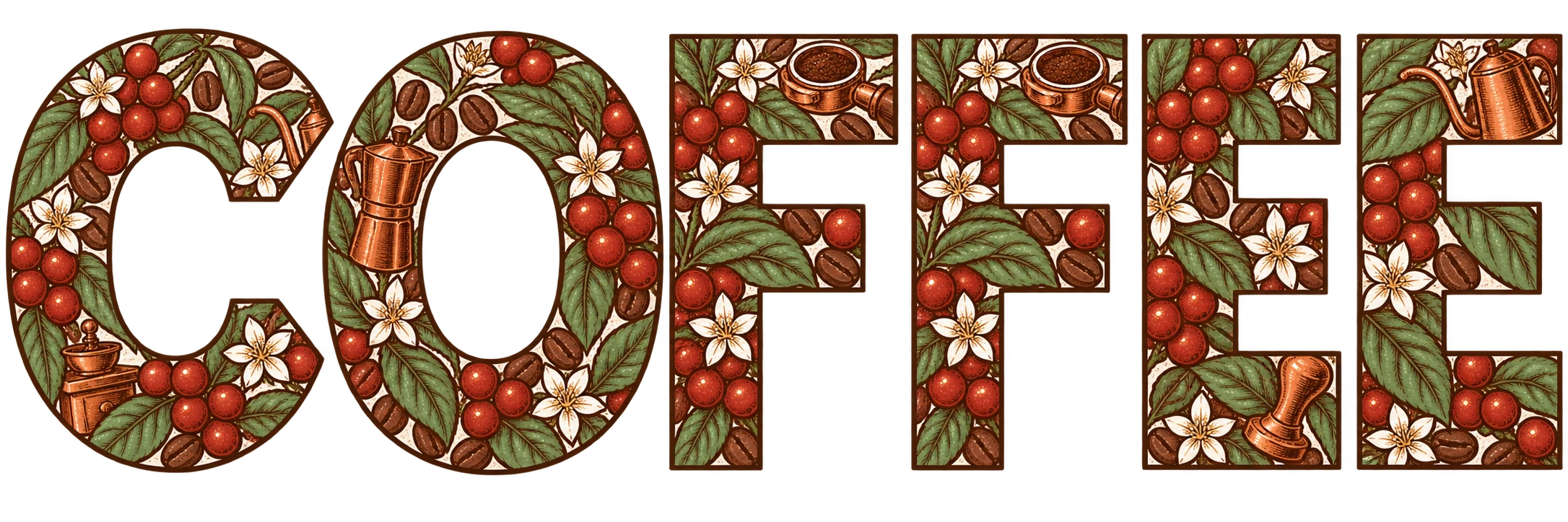 COFFEE, filled with coffee leaves, cherries and roastery tools
