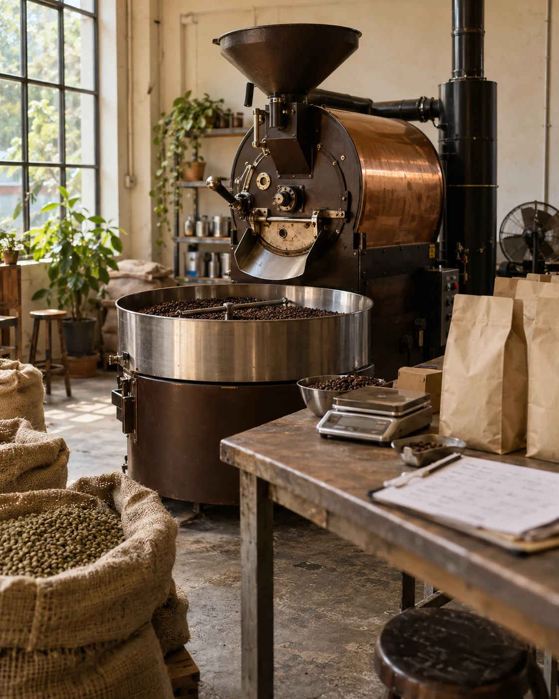 Editorial depiction of a coffee roastery, with a copper roaster and green sacks